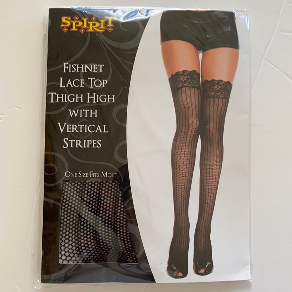Fishnet Lace Thigh High With Vertical Stripes
